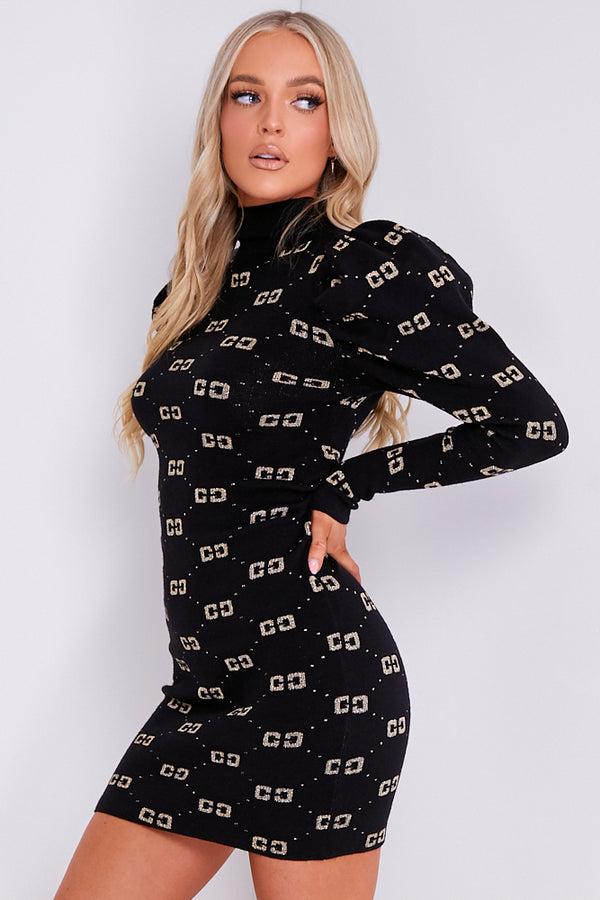 Lasula Black Knit High Neck CC Print Dress