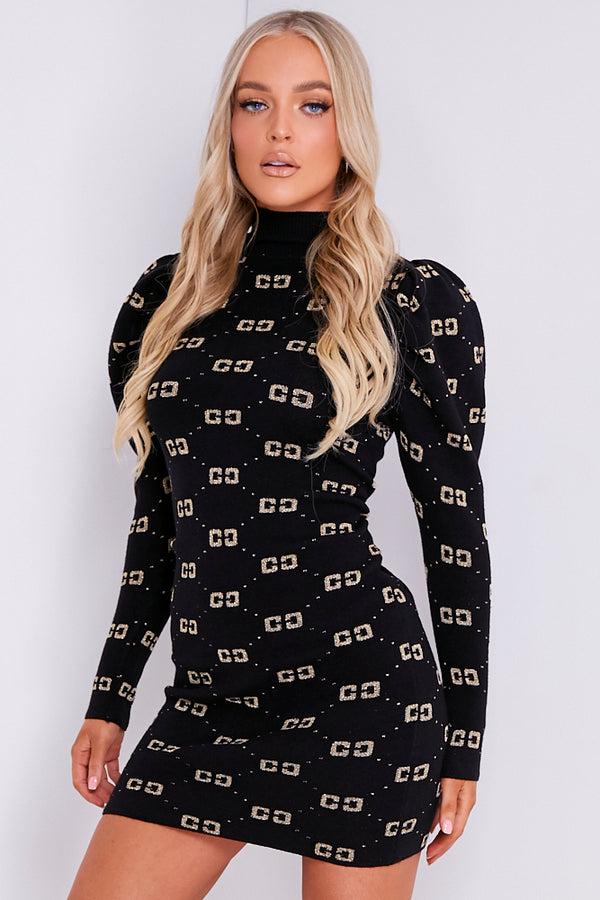 lasula Black Knit High Neck CC Print Dress