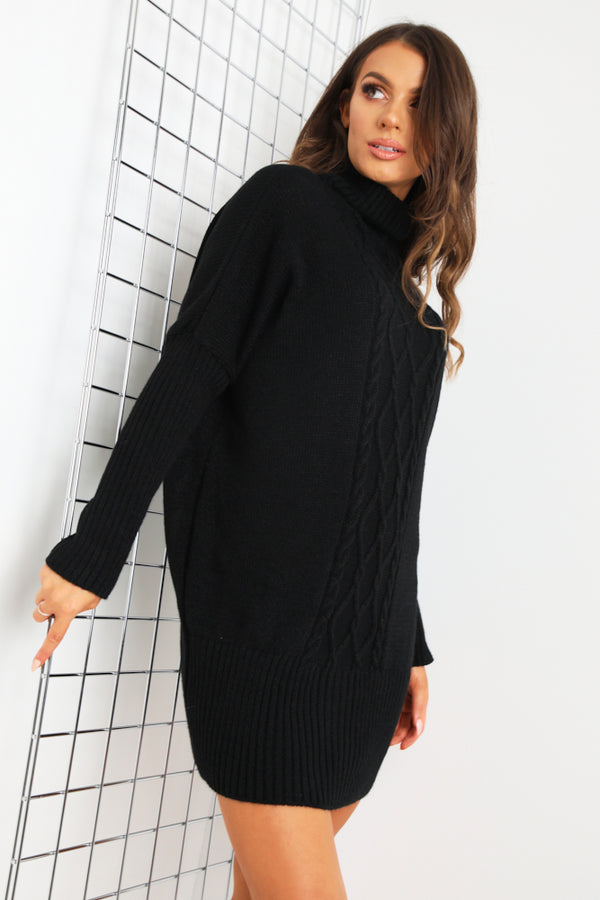 Lasula Black Roll Neck Cable Knit Jumper Dress