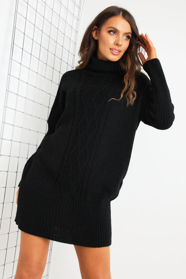 Lasula Black Roll Neck Cable Knit Jumper Dress