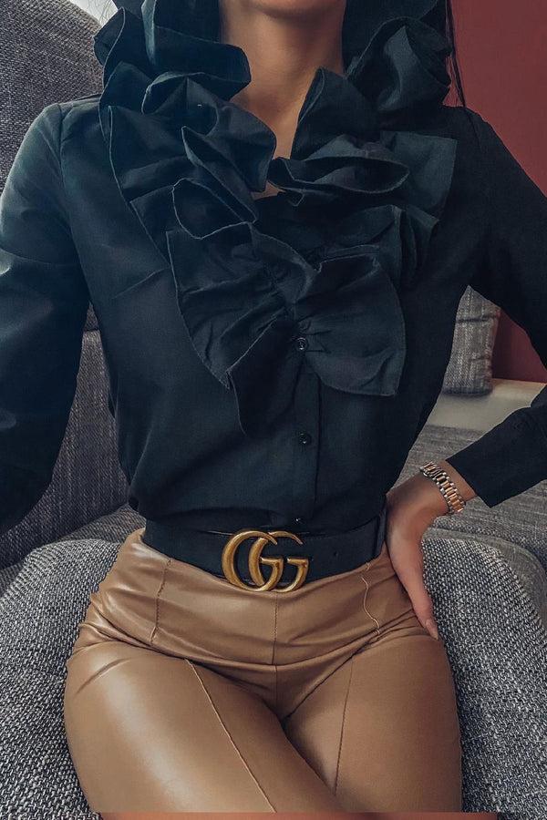 lasula Black Ruffle Frill Neck Shirt
