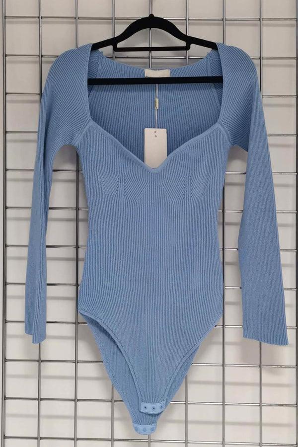 Lasula Blue Ribbed Long Sleeve Knit Bodysuit