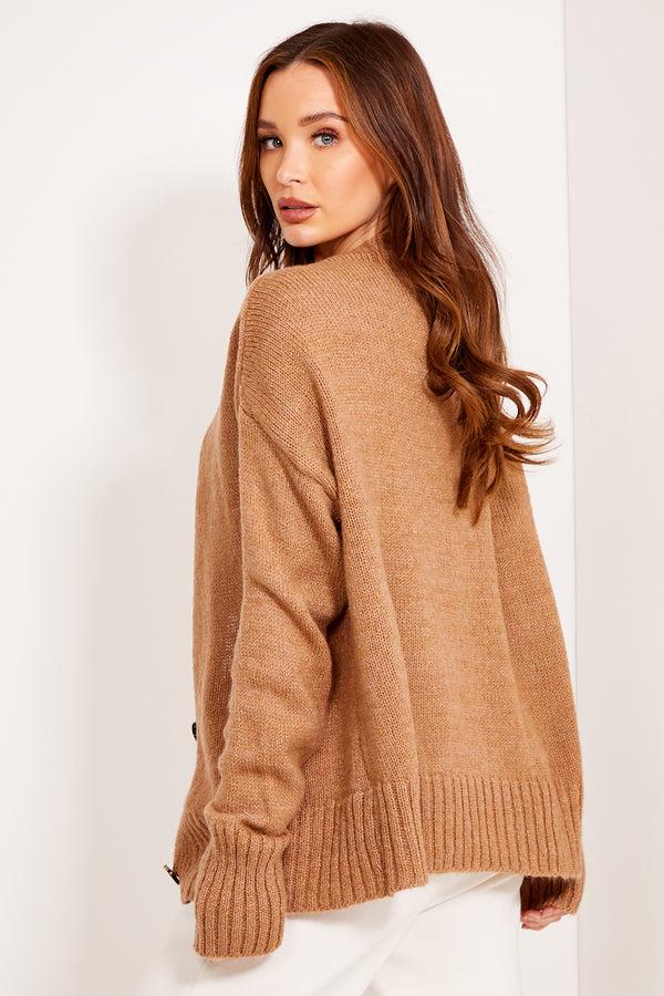 Lasula Camel Knit Ribbed Button Up Cardigan