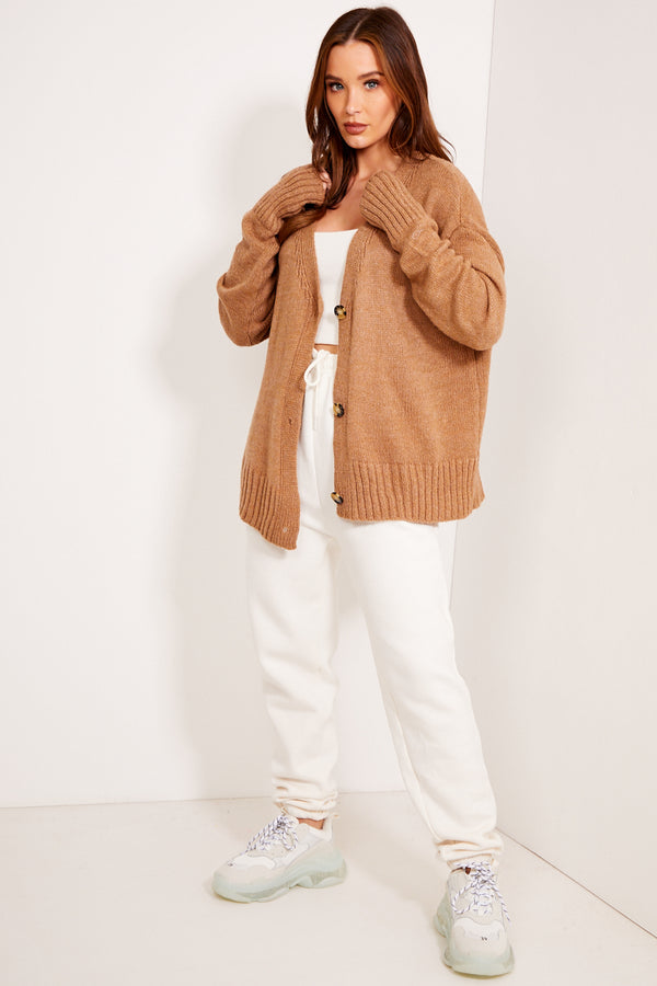 Lasula Camel Knit Ribbed Button Up Cardigan