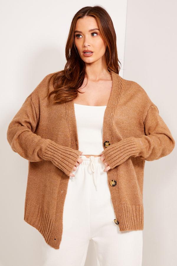lasula Camel Knit Ribbed Button Up Cardigan