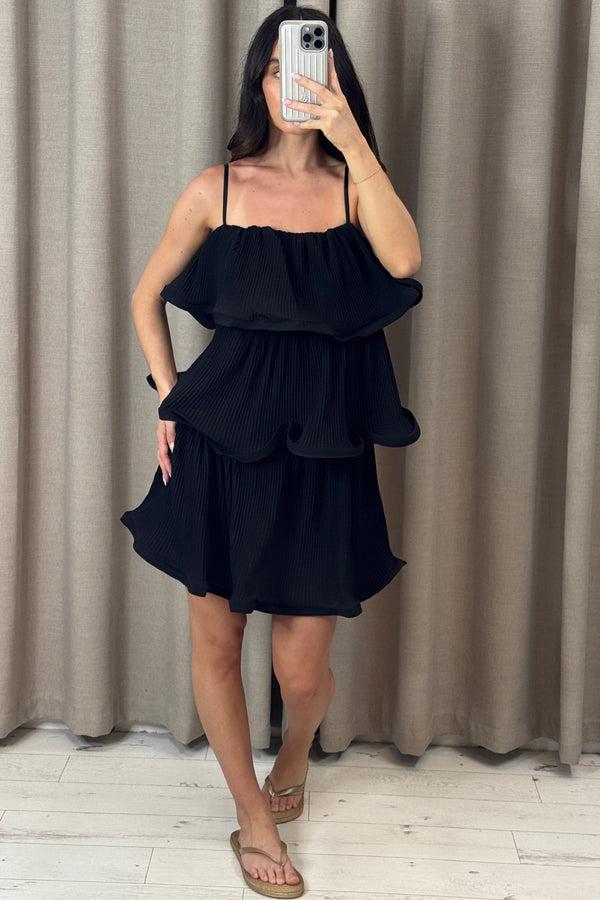 Lasula Christa Black Plisse Tiered Ruffle Dress