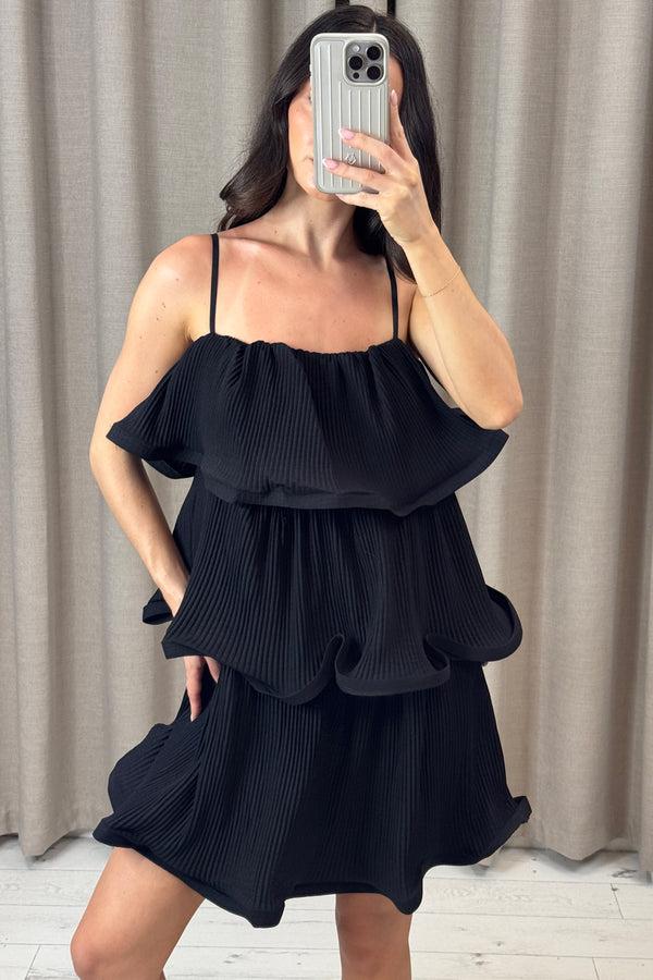 Lasula Christa Black Plisse Tiered Ruffle Dress