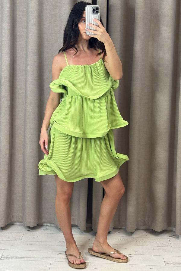 Lasula Christa Green Plisse Tiered Ruffle Dress