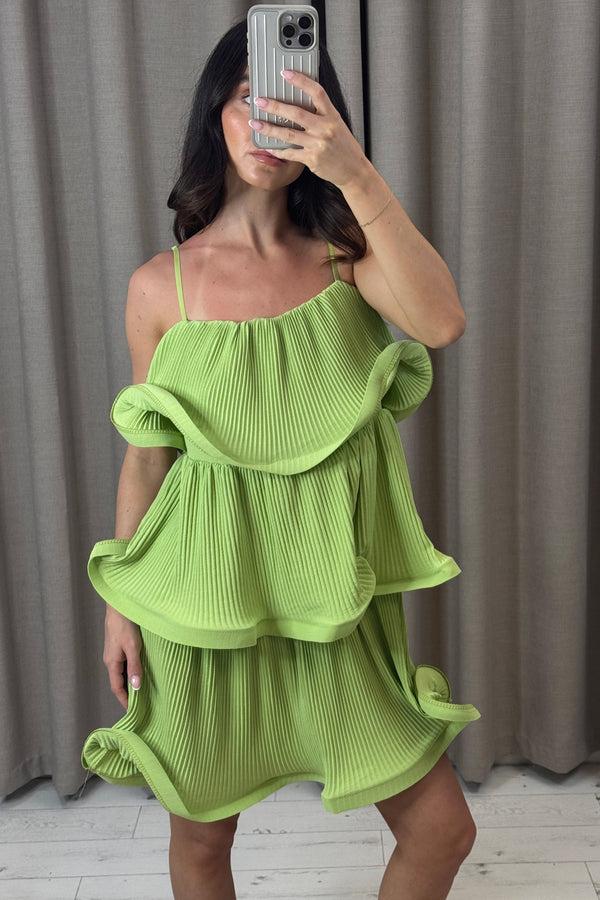 Lasula Christa Green Plisse Tiered Ruffle Dress