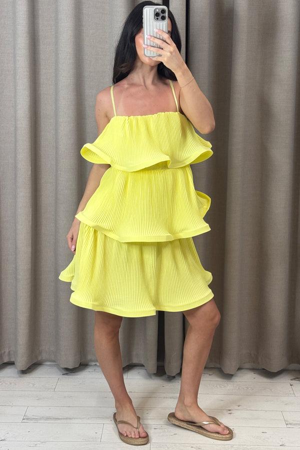 Lasula Christa Yellow Plisse Tiered Ruffle Dress