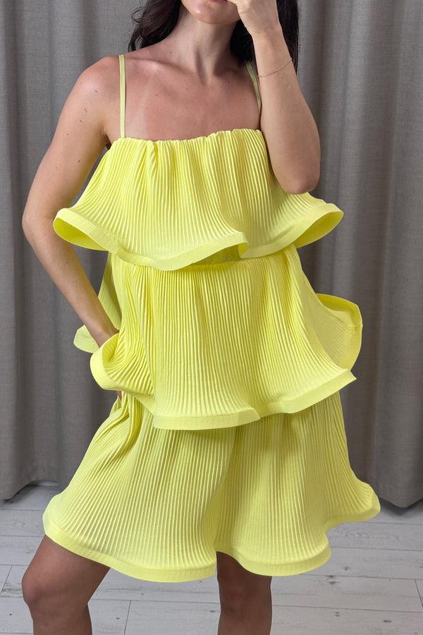 Lasula Christa Yellow Plisse Tiered Ruffle Dress
