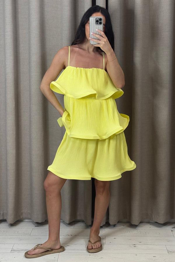 lasula Christa Yellow Plisse Tiered Ruffle Dress