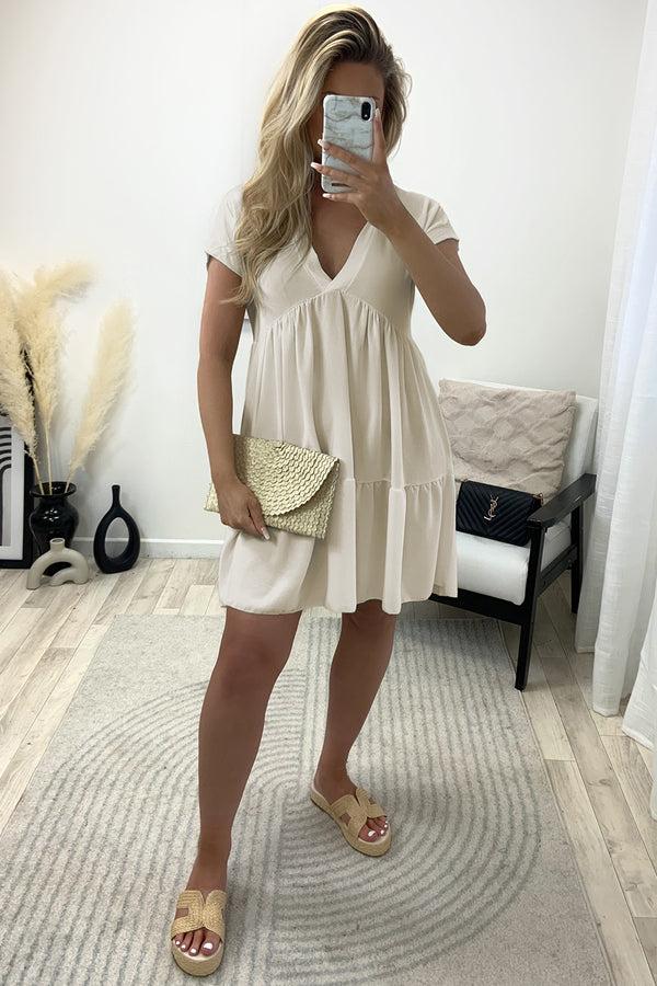 Lasula Emelia Beige Tiered Frill Smock Dress