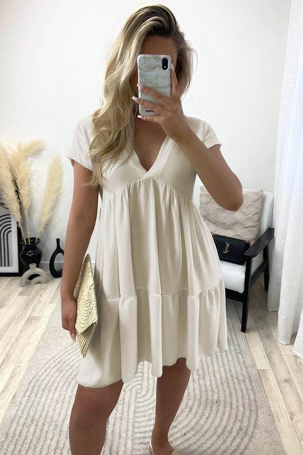 lasula Emelia Beige Tiered Frill Smock Dress