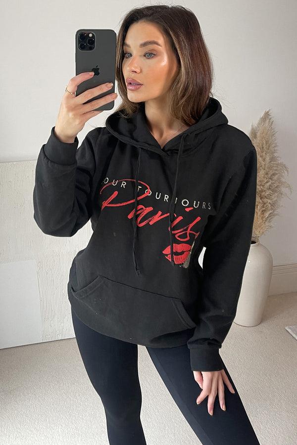 Lasula Evie-Jess Black Paris Slogan Hoodie