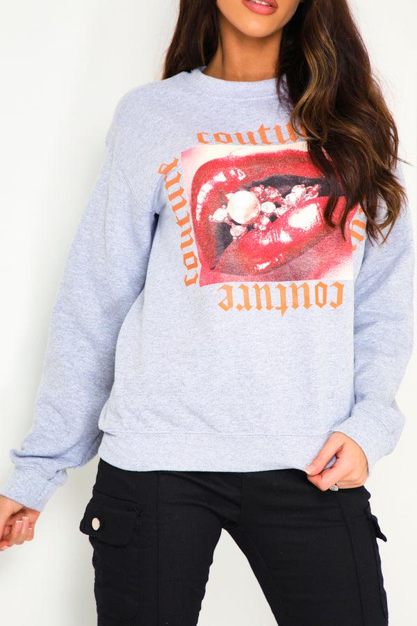 Lasula Grey Couture Graphic Slogan Sweatshirt