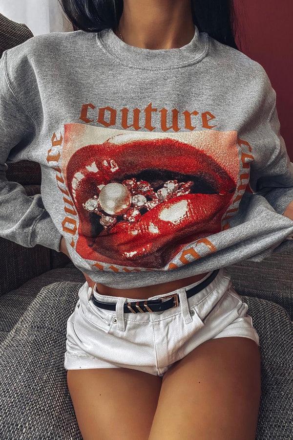 lasula Grey Couture Graphic Slogan Sweatshirt