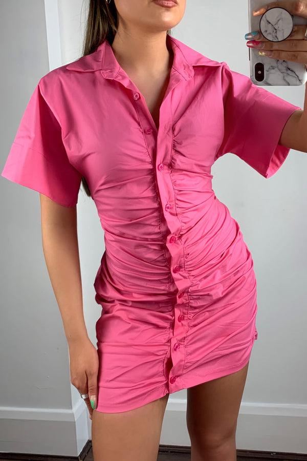 Lasula Hot Pink Ruched Shirt Dress