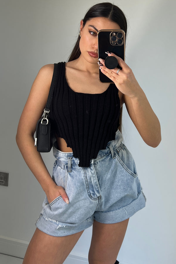 Lasula Imogen Black Distressed Hem Knit Crop Top