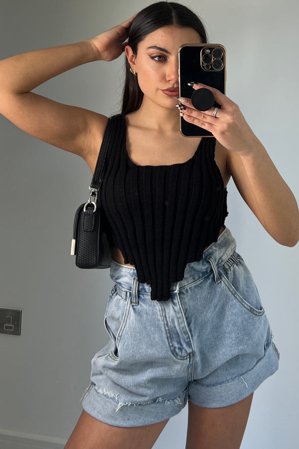 Lasula Imogen Black Distressed Hem Knit Crop Top