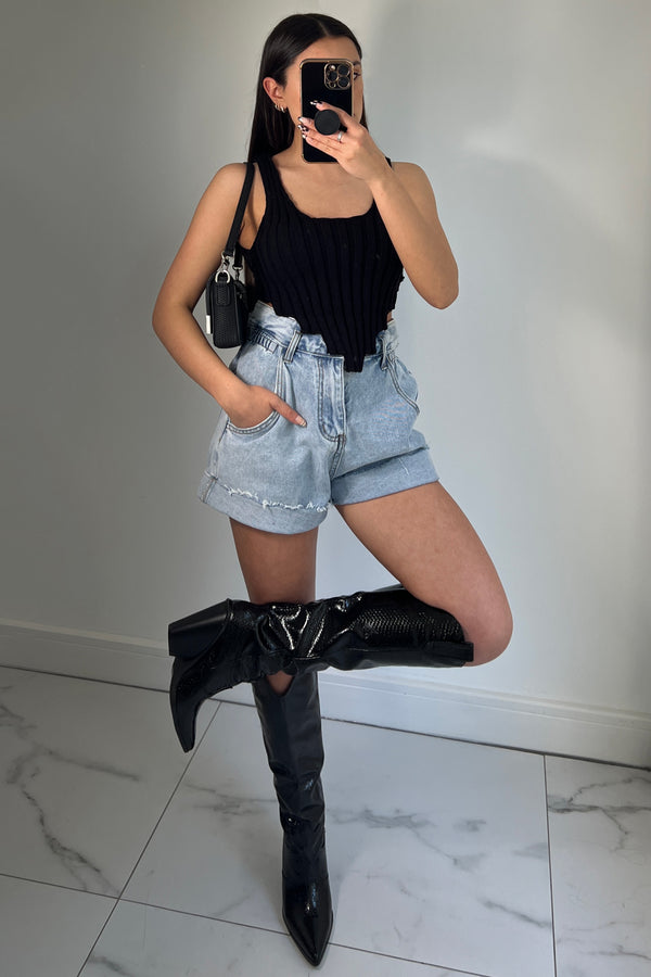 lasula Imogen Black Distressed Hem Knit Crop Top