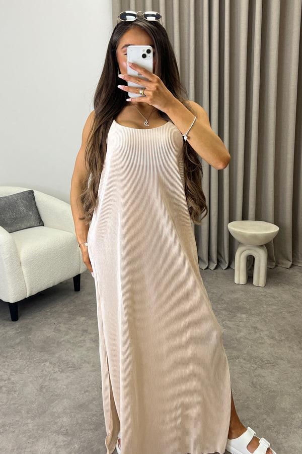 Lasula Kobie Beige Plisse Strappy Maxi Dress