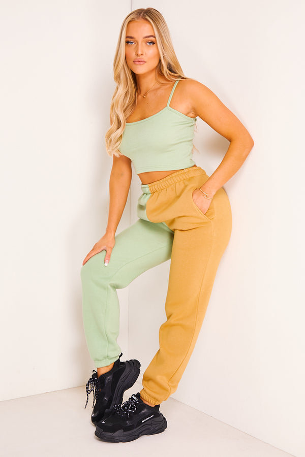 Lasula Lacey Beige And Sage Colour Block Joggers