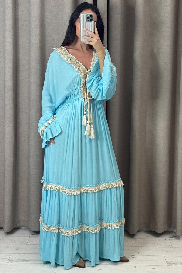 Lasula Lenny Blue Tassel Tiered Maxi Dress