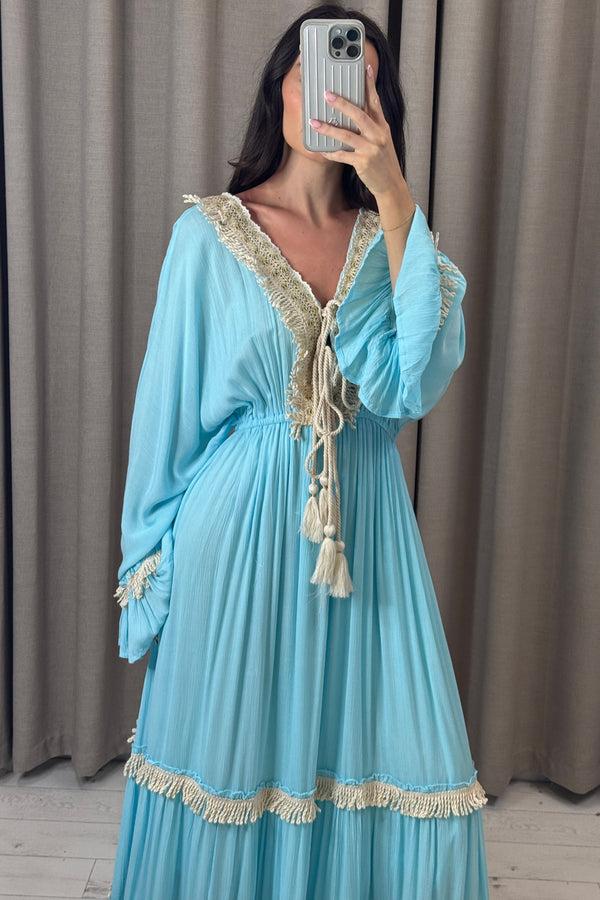Lasula Lenny Blue Tassel Tiered Maxi Dress