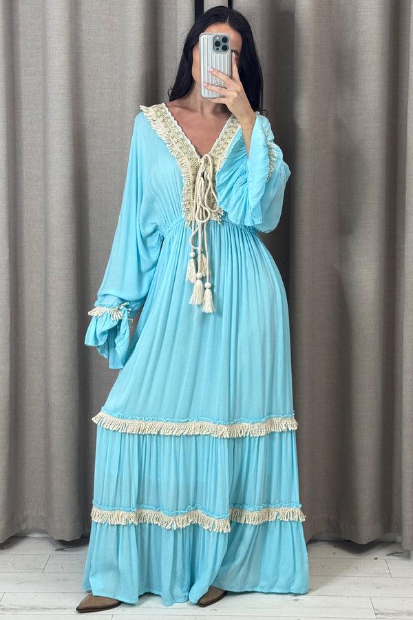 lasula Lenny Blue Tassel Tiered Maxi Dress