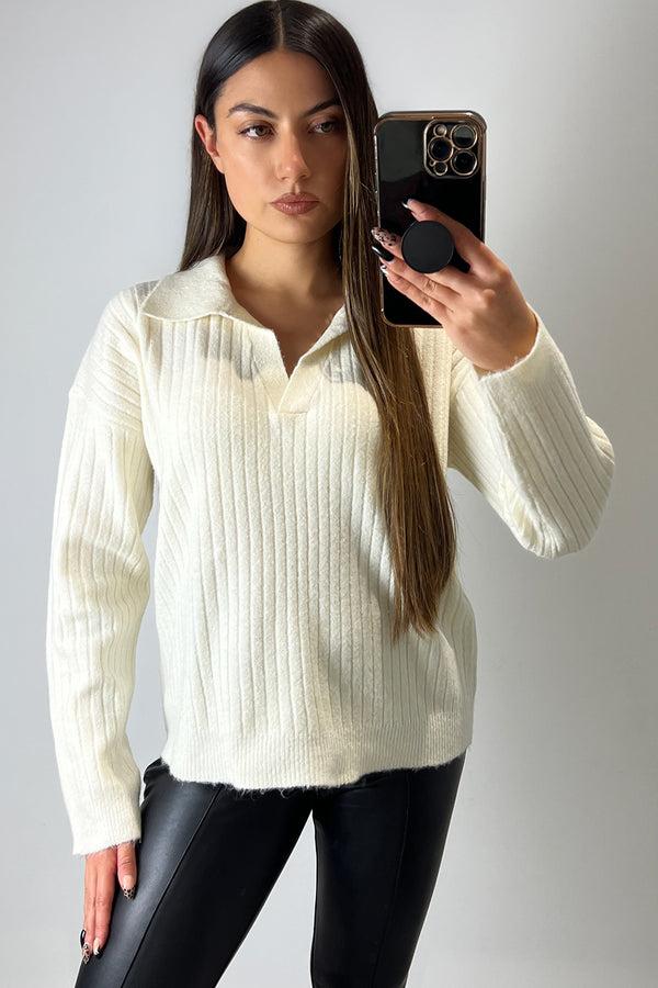 Lasula Luella Cream V Neck Collar Knitted Jumper