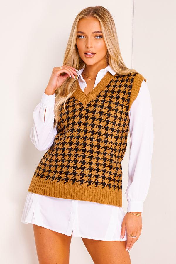 Lasula Lyra Camel Houndstooth Knit Vest Top