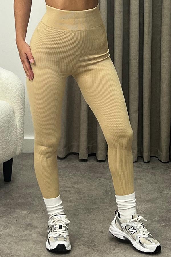 Lasula Megs Beige Ribbed High Waisted Gym Leggings