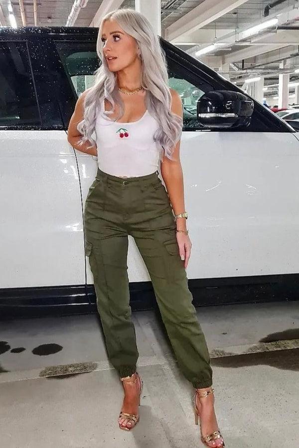 lasula Natalie Khaki Pocket Detail Cargo Trousers