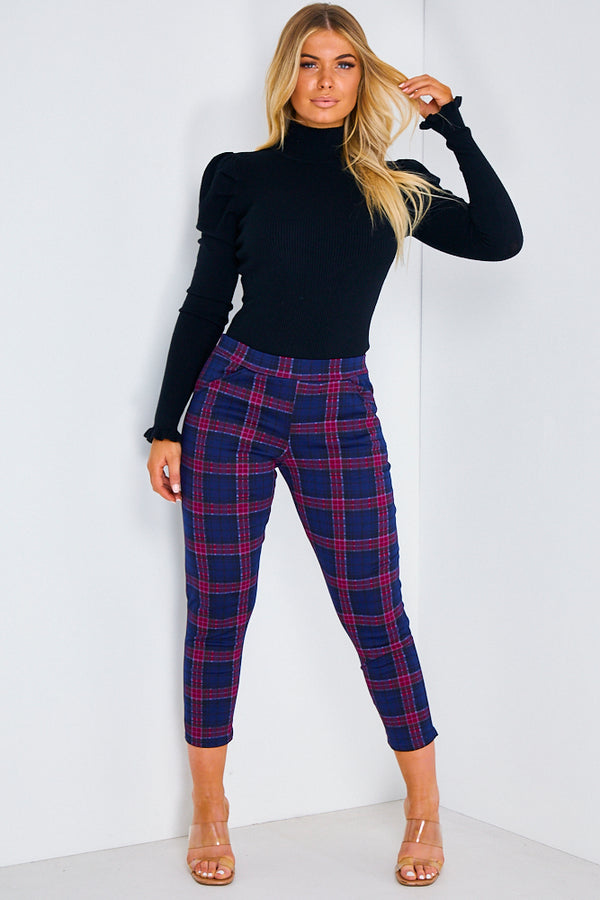 Lasula Navy & Red Check Cropped Trousers