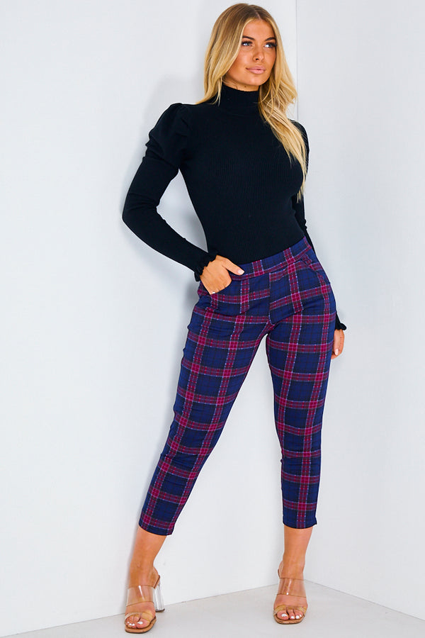 Lasula Navy & Red Check Cropped Trousers