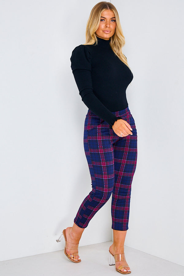 Lasula Navy & Red Check Cropped Trousers