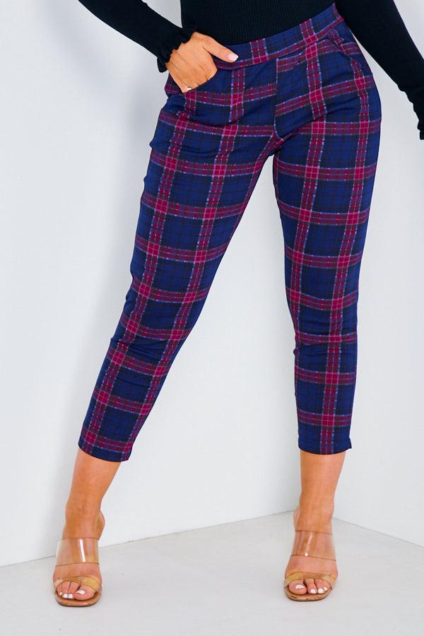 lasula Navy & Red Check Cropped Trousers