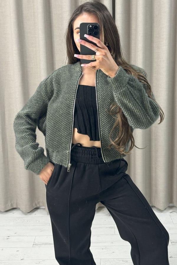 Lasula Naya Khaki Wool Look Zip Up Bomber Jacket