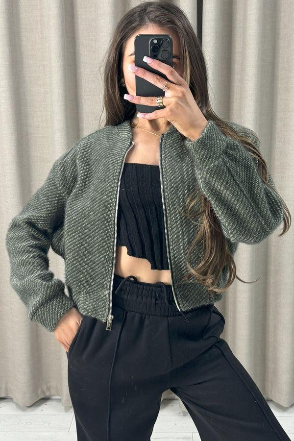 lasula Naya Khaki Wool Look Zip Up Bomber Jacket