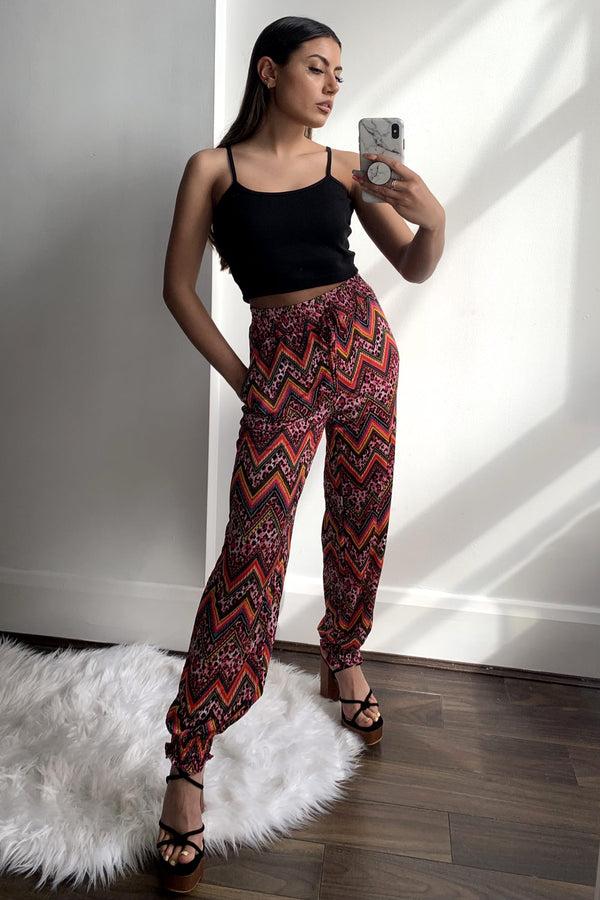 Lasula Pink Multi Zig Zag Print Cuffed Trousers