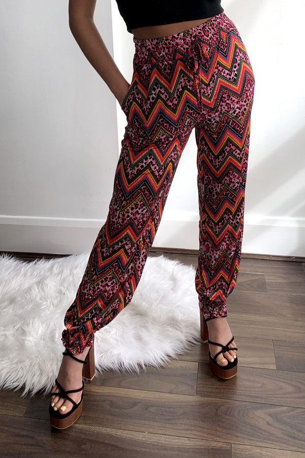 lasula Pink Multi Zig Zag Print Cuffed Trousers