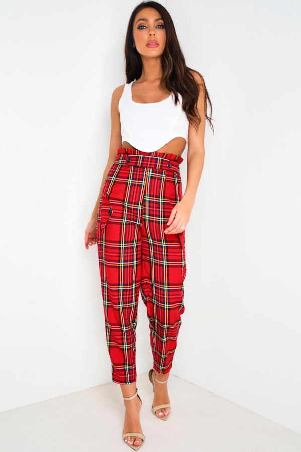 Lasula Red Tartan Print Tailored Trousers