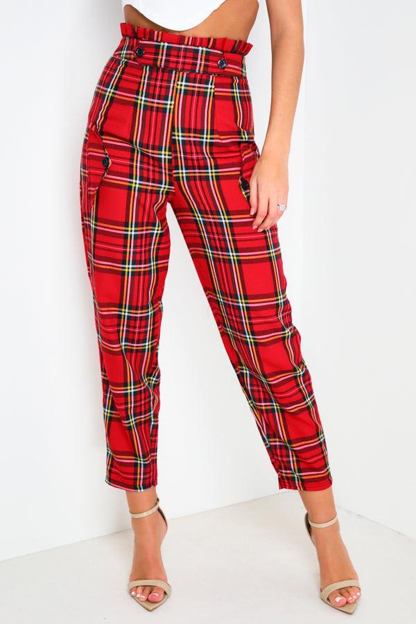 Lasula Red Tartan Print Tailored Trousers