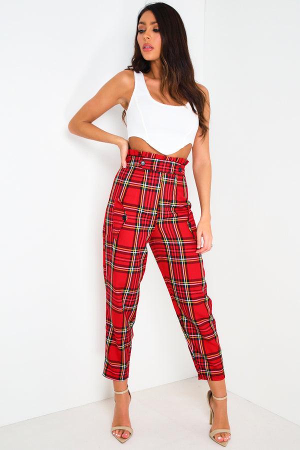Lasula Red Tartan Print Tailored Trousers