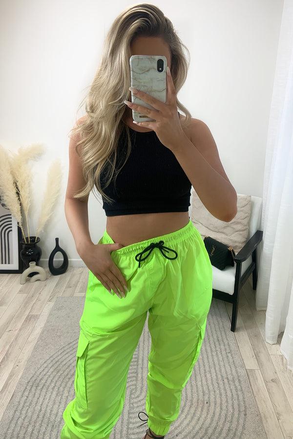 Lasula Roxy Neon Green Shell Pocket Cargo Trousers
