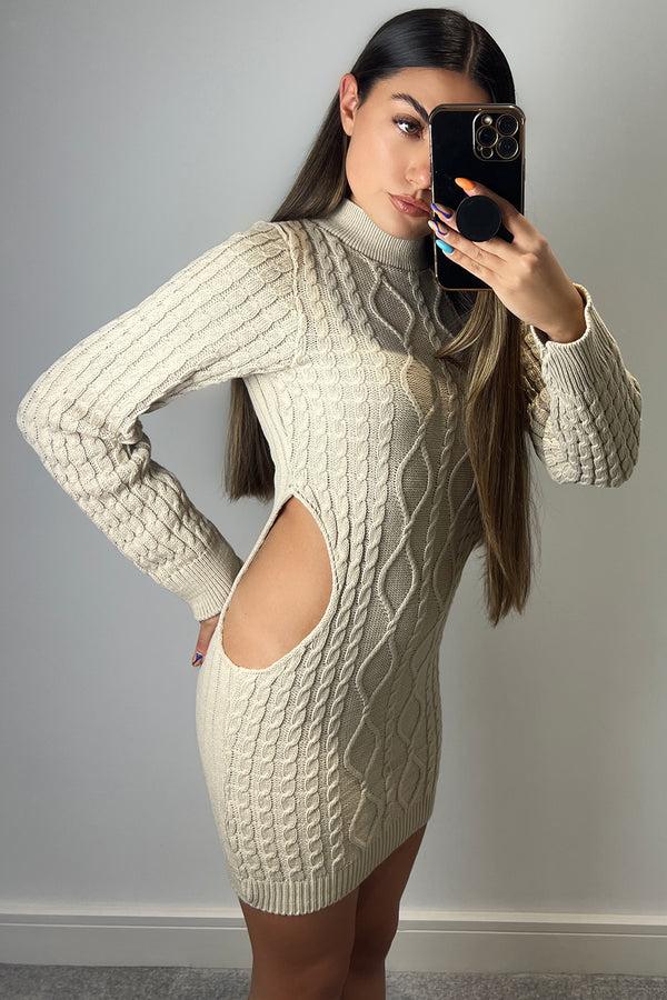 lasula Samina Beige Cable Knit Cut Out Mini Dress