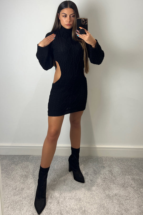Lasula Samina Black Cable Knit Cut Out Mini Dress