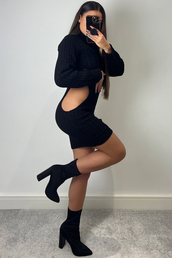Lasula Samina Black Cable Knit Cut Out Mini Dress