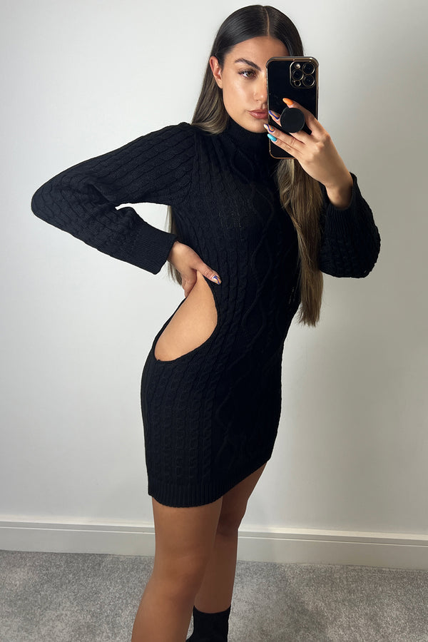 Lasula Samina Black Cable Knit Cut Out Mini Dress